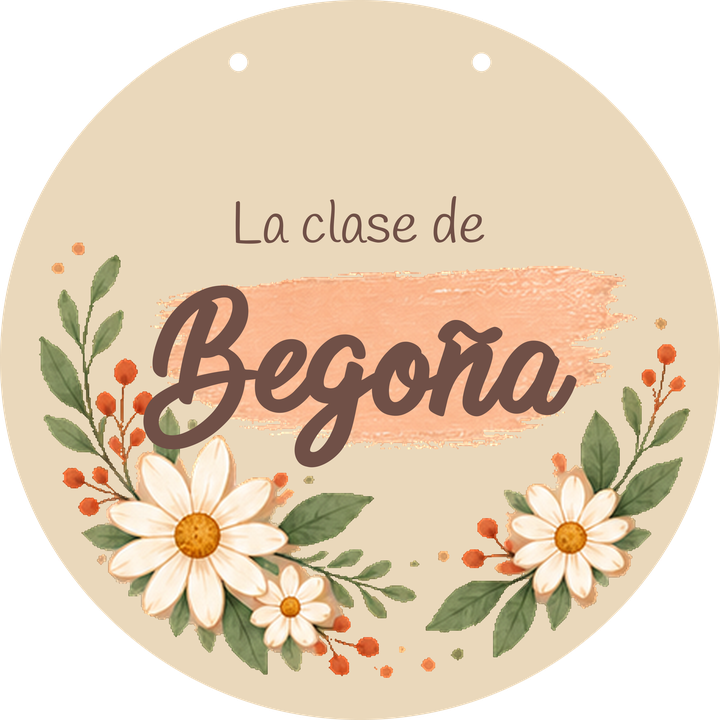 Exemple de plaque en forme de cercle : recto avec le prénom Begoña.