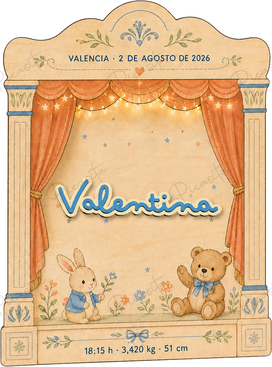 Cuadro natalicio personalizado Teatrillo del primer día con decoración infantil.