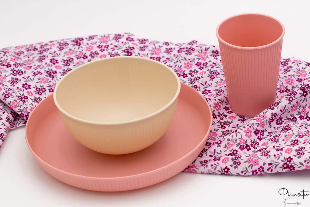 Set Vajilla Infantil Personalizada (Plato, Bol, Vaso) 2 Rosa + Beige