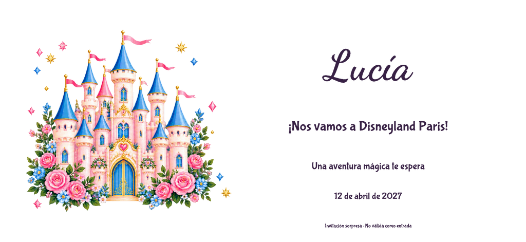 Vue numérique à plat du véritable dessin de l’invitation à Disneyland Paris, style Acrylique, thème Château, avec prénom et date facultative.