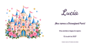 Vue numérique à plat du véritable dessin de l’invitation à Disneyland Paris, style Acrylique, thème Château, avec prénom et date facultative.