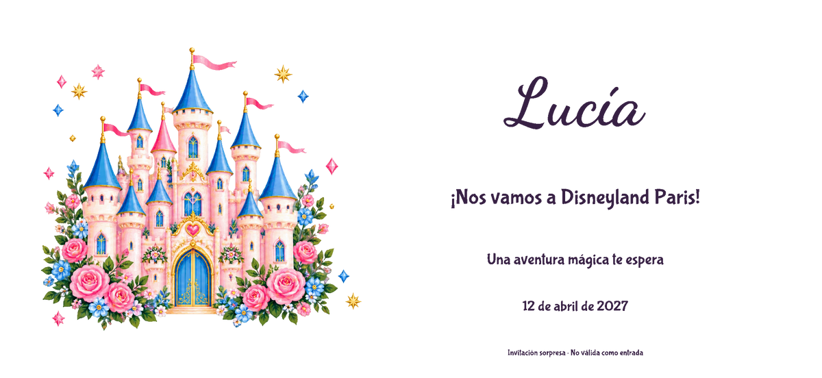 Vue numérique à plat du véritable dessin de l’invitation à Disneyland Paris, style Acrylique, thème Château, avec prénom et date facultative.