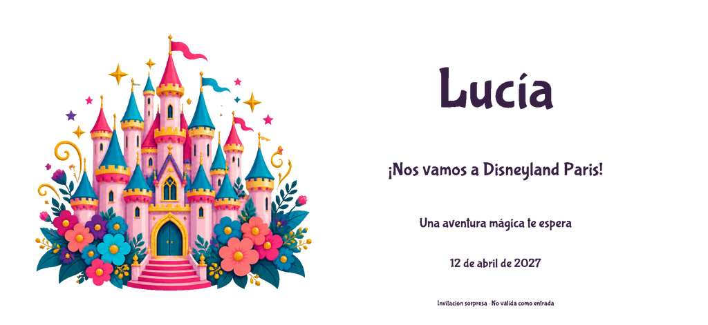 Vue numérique à plat du véritable dessin de l’invitation à Disneyland Paris, style Couleur, thème Château, avec prénom et date facultative.