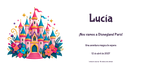 Vue numérique à plat du véritable dessin de l’invitation à Disneyland Paris, style Couleur, thème Château, avec prénom et date facultative.
