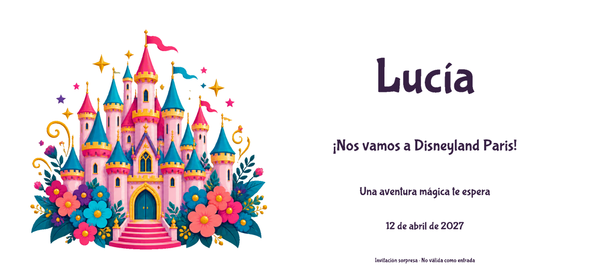 Vue numérique à plat du véritable dessin de l’invitation à Disneyland Paris, style Couleur, thème Château, avec prénom et date facultative.