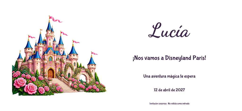 Vue numérique à plat du véritable dessin de l’invitation à Disneyland Paris, style Illustré, thème Château, avec prénom et date facultative.