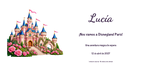 Vue numérique à plat du véritable dessin de l’invitation à Disneyland Paris, style Illustré, thème Château, avec prénom et date facultative.