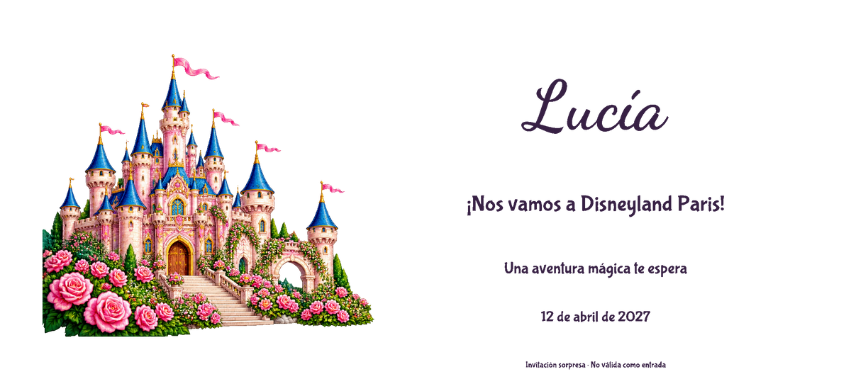 Vue numérique à plat du véritable dessin de l’invitation à Disneyland Paris, style Illustré, thème Château, avec prénom et date facultative.