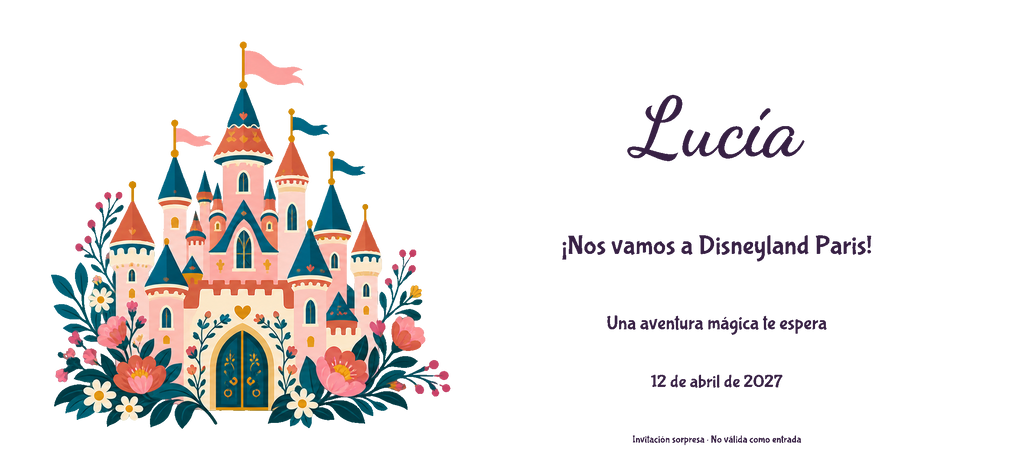 Vue numérique à plat du véritable dessin de l’invitation à Disneyland Paris, style Bois, thème Château, avec prénom et date facultative.