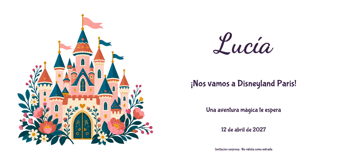 Vue numérique à plat du véritable dessin de l’invitation à Disneyland Paris, style Bois, thème Château, avec prénom et date facultative.