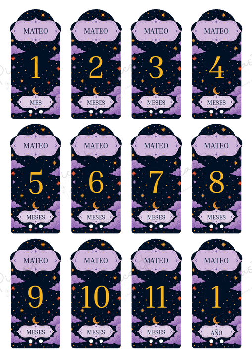 Diseño Noche mágica del set de cumplemeses personalizados