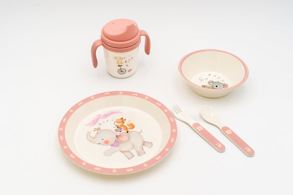 Service complet de vaisselle rose pour enfant avec éléphant, renard et koala musiciens